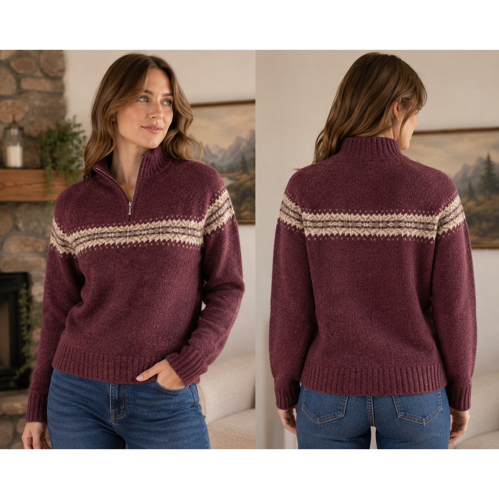 Woolrich Sweater‎ Womens Medium Mulberry Lambswool Quarter Zip Nordic Fair Isle